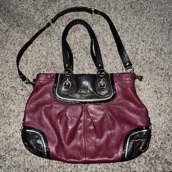 Coach Magenta Red Choco Brown‎ Gold Leather Ashley Satchel Tote #17096 - Picture 1 of 15